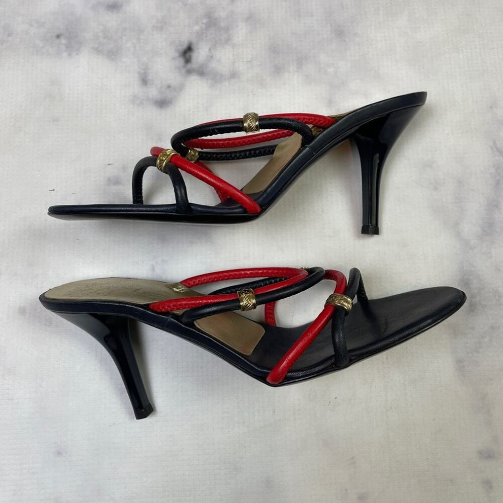St. John Navy Red Strappy Leather Heeled Sandals Slide Gold Logo Accents Sz 6.5